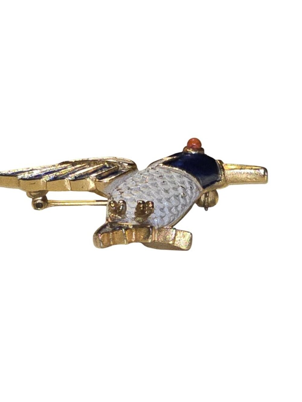 Vintage 80s Trifari Blue White Enamel Hummingbird Red Eye Cabochan Bird Brooch - Picture 2 of 4